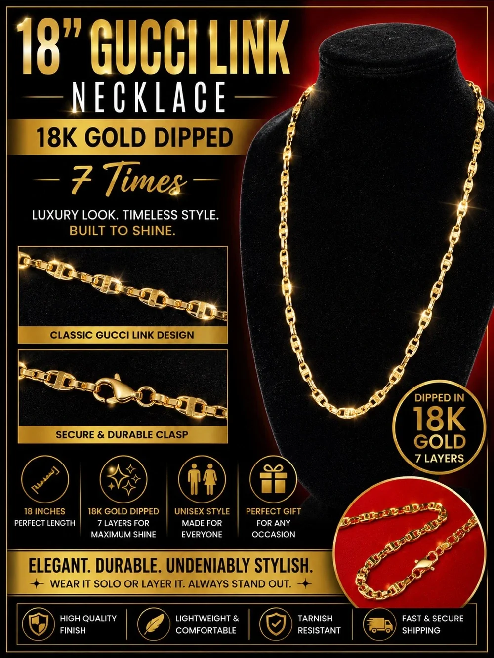 18” Gucci Link Necklace – 18K Gold Dipped (7 Layers)